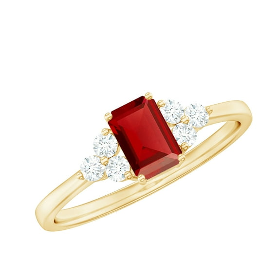 Rosec Jewels Emerald Cut Lab Grown Ruby Solitaire Ring with Diamond (4X6 mm, AAAA Grade), 18K Yellow Gold, US 3.00