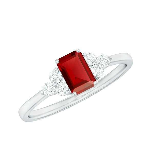 Rosec Jewels Emerald Cut Lab Grown Ruby Solitaire Ring with Diamond (4X6 mm, AAAA Grade), 925 Sterling Silver, US 4.00