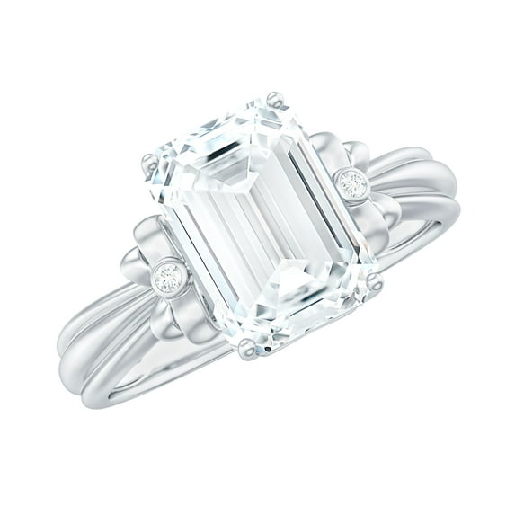 Rosec Jewels Moissanite Emerald Cut Engagement Ring 2 Carat - 7X9 mm - Bow Ring - D-VS1 Quality, 18K White Gold, US 5.00