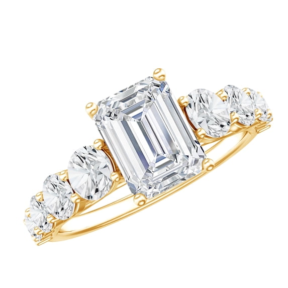Rosec Jewels Moissanite Emerald Cut Solitaire Engagement Ring with Side Stones (6X8mm, 2 Ct) - D-VS1 Grade Certified Moissanite Ring, 14K Yellow Gold, US 10.50