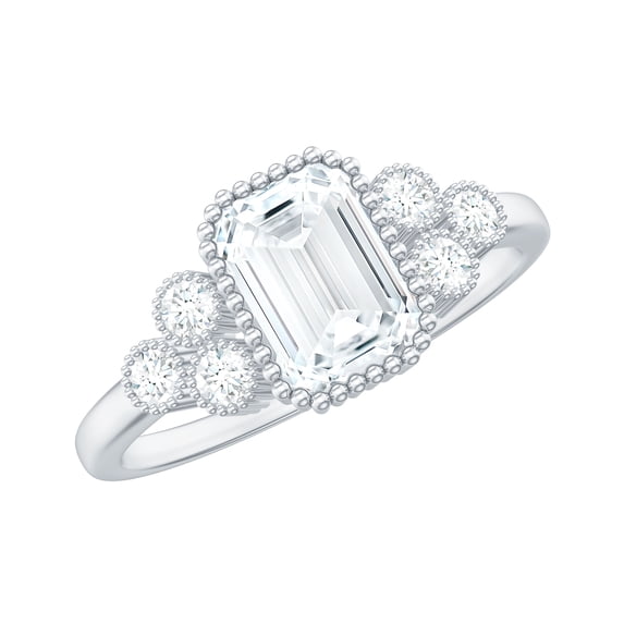 Rosec Jewels Certified Moissanite Emerald Cut Engagement Ring 2 Carat - Designer Ring - 6X8 mm - D-VS1 Quality, 14K White Gold, US 8.50
