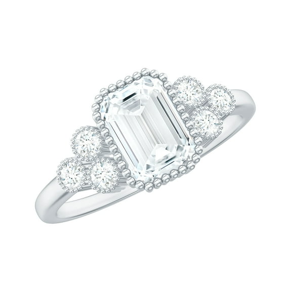 Rosec Jewels Certified Moissanite Emerald Cut Engagement Ring 2 Carat - Designer Ring - 6X8 mm - D-VS1 Quality, 18K White Gold, US 9.00