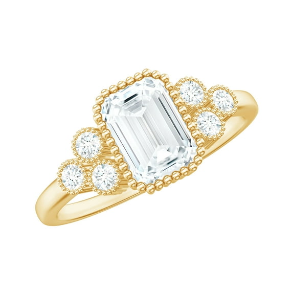 Rosec Jewels Certified Moissanite Emerald Cut Engagement Ring 2 Carat - Designer Ring - 6X8 mm - D-VS1 Quality, 18K Yellow Gold, US 8.00