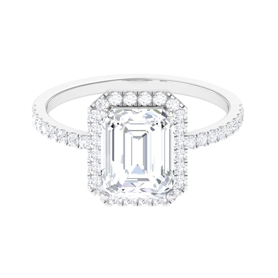 Rosec Jewels Certified Moissanite Emerald Cut Engagement Ring - Moissanite Halo Ring for Women (7X9 mm, D-VS1 Grade), 10K White Gold, US 10.50