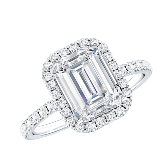 Rosec Jewels Certified Moissanite Emerald Cut Engagement Ring - Moissanite Halo Ring for Women (7X9 mm, D-VS1 Grade), 10K White Gold, US 3.00