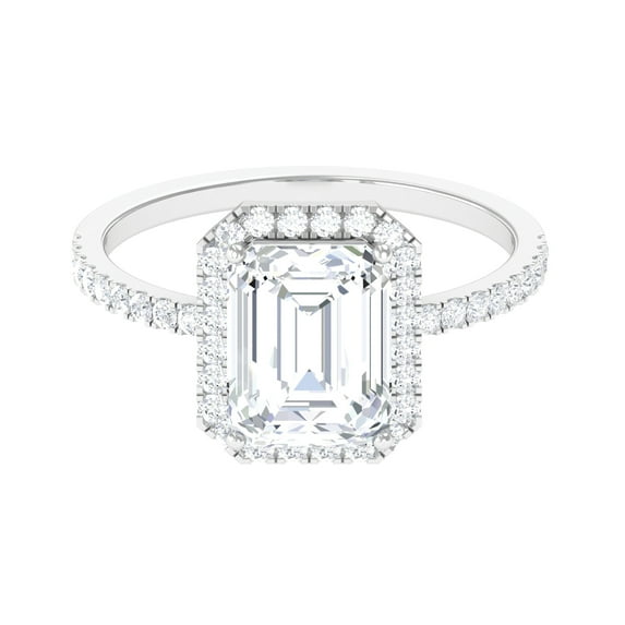 Rosec Jewels Certified Moissanite Emerald Cut Engagement Ring - Moissanite Halo Ring for Women (7X9 mm, D-VS1 Grade), 925 Sterling Silver, US 4.50