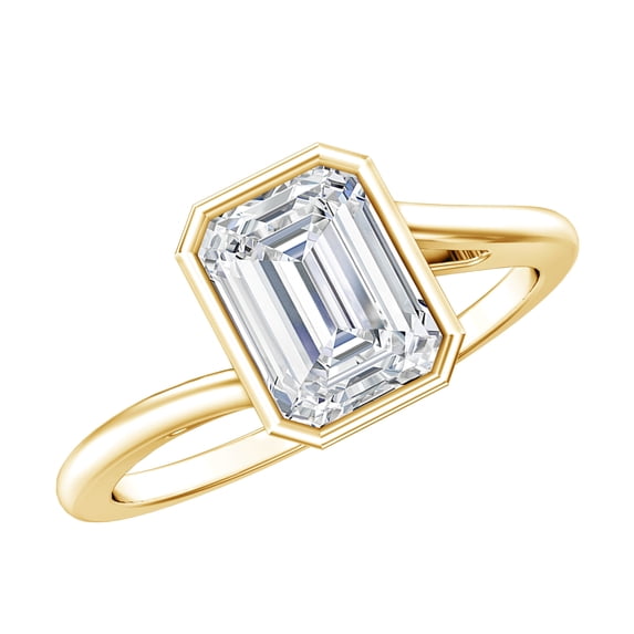 Rosec Jewels Moissanite Emerald Cut Engagement Ring 2 Carat - Bezel Set Ring for Women - 6X8 mm - D-VS1 Quality, 18K Yellow Gold, US 3.50