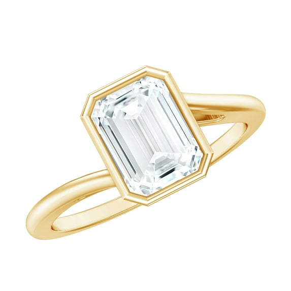 Rosec Jewels Moissanite Emerald Cut Engagement Ring 2 Carat - Bezel Set Ring for Women - 6X8 mm - D-VS1 Quality, 18K Yellow Gold, US 8.00