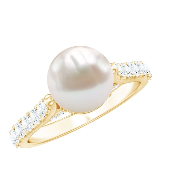 Rosec Jewels Cultured Freshwater Pearl Diamond Engagement Ring 7 Carat - Pearl Solitaire Ring for Women - 8 mm - AAA Quality, 14K Yellow Gold, US 13.00