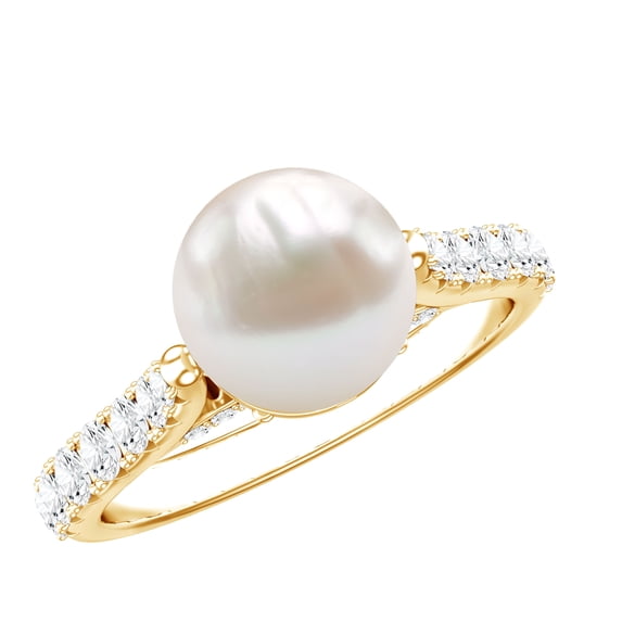 Rosec Jewels Cultured Freshwater Pearl Diamond Engagement Ring 7 Carat - Pearl Solitaire Ring for Women - AAA Quality, 18K Yellow Gold, US 13.00