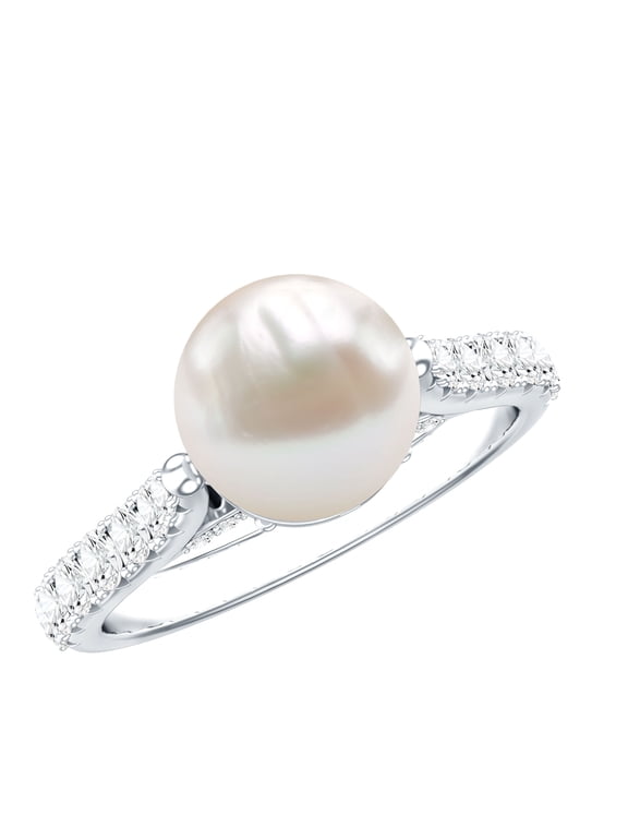 Cultured Freshwater Pearl Diamond Engagement Ring 7 Carat - Pearl Solitaire Ring for Women - AAA Quality, 925 Sterling Silver, US 4.00