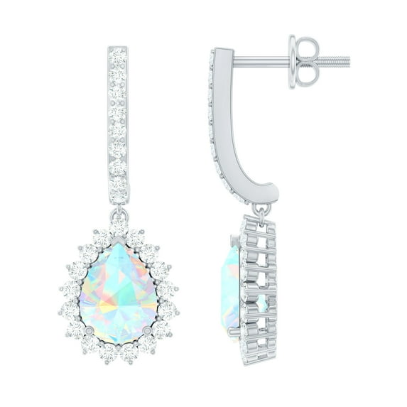 Rosec Jewels Ethiopian Opal Drop Earrings with Moissanite (AAA Quality) 5x7 mm Teardrop Opal Bridal Earrings, 10K White Gold
