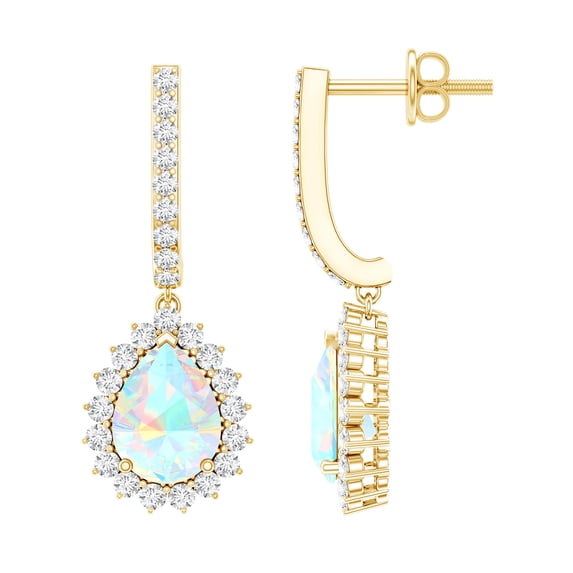 Rosec Jewels Ethiopian Opal Drop Earrings with Moissanite (AAA Quality) 5x7 mm Teardrop Opal Bridal Earrings, 14K Yellow Gold