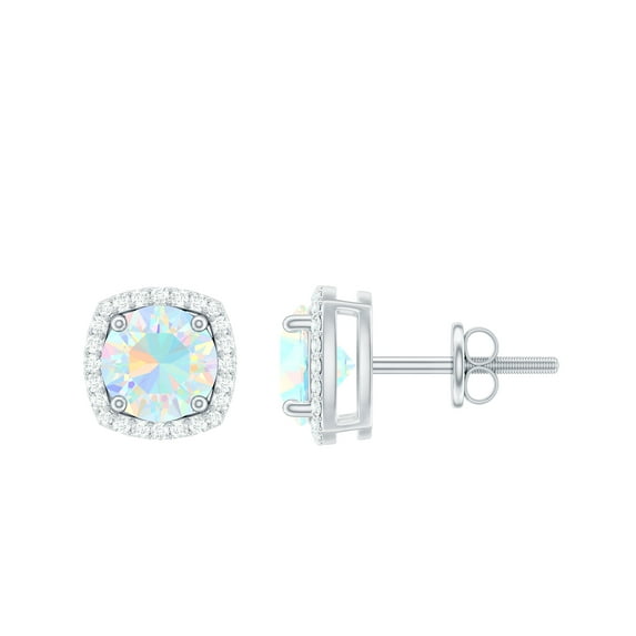 Rosec Jewels Ethiopian Opal Stud Earrings with Diamond Halo for Women - 6 mm, 18K White Gold