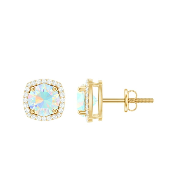 Rosec Jewels Ethiopian Opal Stud Earrings with Diamond Halo for Women - 6 mm, 18K Yellow Gold
