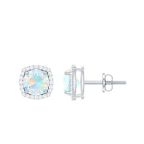 Rosec Jewels Ethiopian Opal Stud Earrings with Diamond Halo for Women - 6 mm, 925 Sterling Silver
