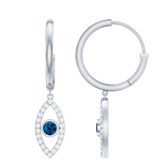 Rosec Jewels Evil Eye Drop Hoop Earrings with London Blue Topaz and Diamond - 0.75 CT, 10K White Gold
