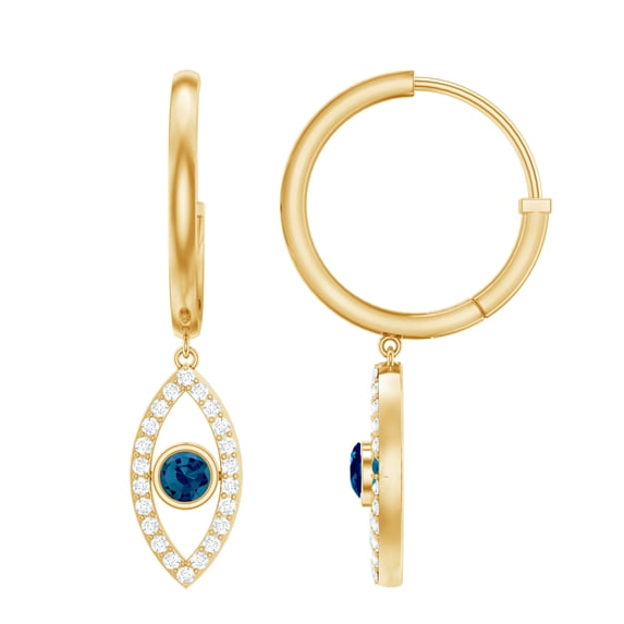 Rosec Jewels Evil Eye Drop Hoop Earrings with London Blue Topaz and Diamond - 0.75 CT, 18K Yellow Gold