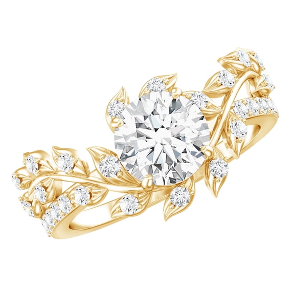 Rosec Jewels Nature Inspired Moissanite Engagement Ring for Women - Vine Leaf Ring - 7 mm Round - D-VS1 Quality Certified, 18K Yellow Gold, US 5.00