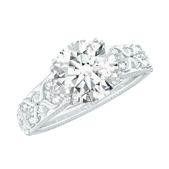 Rosec Jewels Certified Moissanite Solitaire Engagement Ring 2 Carat - Vintage Style Ring for Women - 8 mm (D-VS1 Quality), 10K White Gold, US 11.00