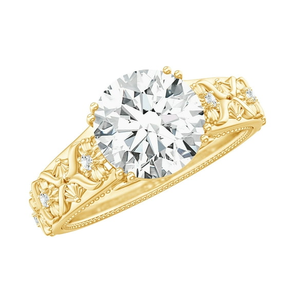 Rosec Jewels Certified Moissanite Solitaire Engagement Ring 2 Carat - Vintage Style Ring for Women - 8 mm (D-VS1 Quality), 10K Yellow Gold, US 7.50