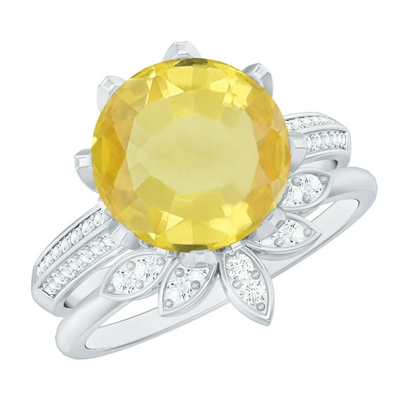 Rosec Jewels Floral Inspired Yellow Sapphire Solitaire Ring Set with Moissanite - 10 mm Round Lab Sapphire, 925 Sterling Silver, US 4.00