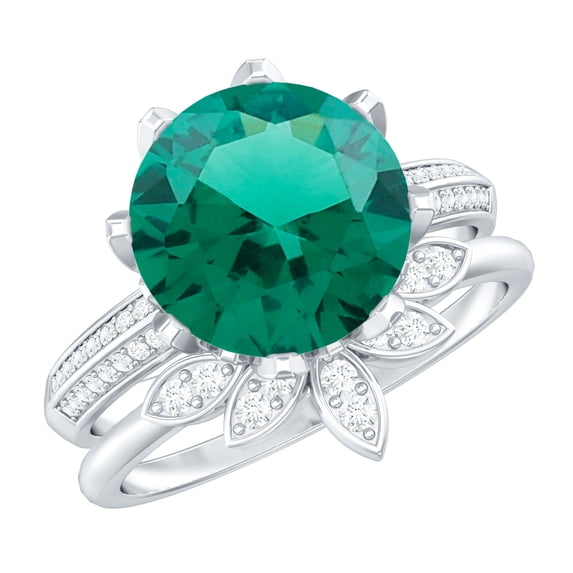 Rosec Jewels Floral Ring Set with Lab Grown Emerald and Moissanite - 10 mm Emerald (AAAA Grade), 18K White Gold, US 8.50