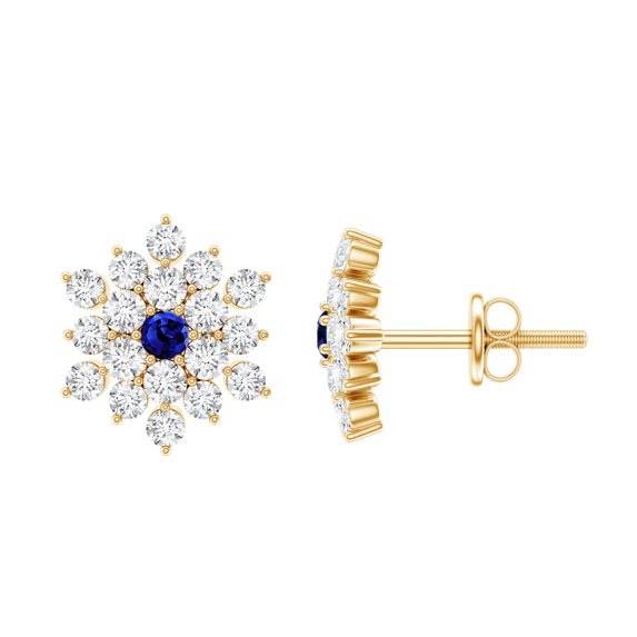 Rosec Jewels - Lab Grown Blue Sapphire Diamond Earrings - Flower Stud Earrings - AAAA Quality, 10K Yellow Gold