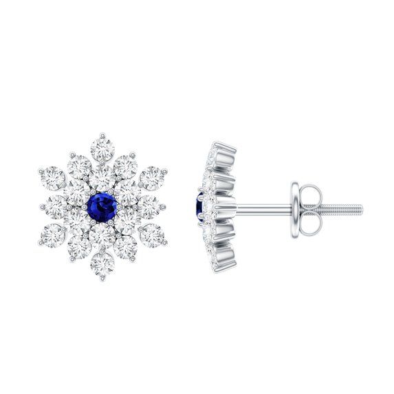 Rosec Jewels - Lab Grown Blue Sapphire Diamond Earrings - Flower Stud Earrings - AAAA Quality, 14K White Gold