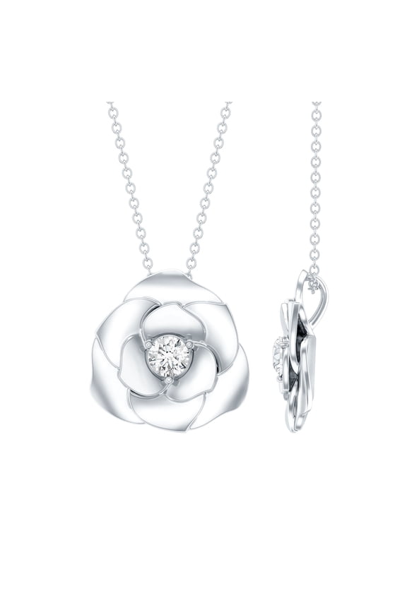 Flower Pendant Necklace - Lab Created Diamond Rose Pendant with Chain (EF-VS Quality), 14K White Gold
