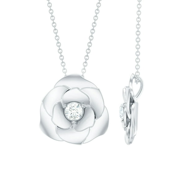 Rosec Jewels Flower Pendant Necklace - Lab Created Diamond Rose Pendant with Chain (EF-VS Quality), 14K White Gold