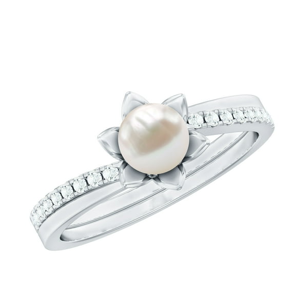 Rosec Jewels Flower Ring for Women, Freshwater Pearl Solitaire Ring with Diamond Side Stones, 14K White Gold, US 4.50
