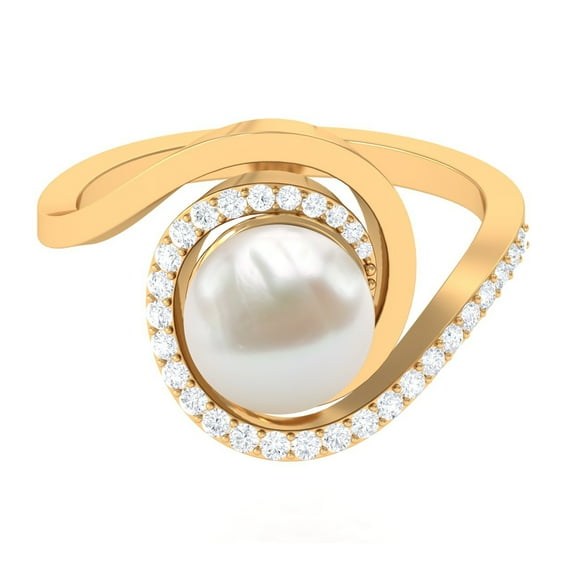 Rosec Jewels Freshwater Pearl Bypass Ring with Diamond for Women - 8 mm, 7.75 CT, 14K Yellow Gold, US 12.50