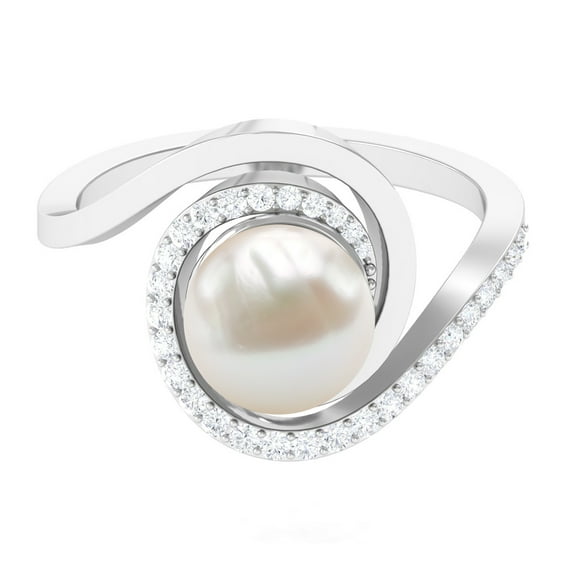 Rosec Jewels Freshwater Pearl Bypass Ring with Diamond for Women - 8 mm, 7.75 CT, 18K White Gold, US 8.50
