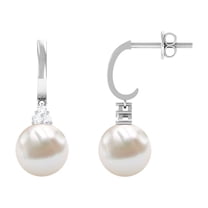 Rosec Jewels Freshwater Pearl Drop Earrings with Diamond, J Hoop Earrings (8 mm), 925 Sterling Silver