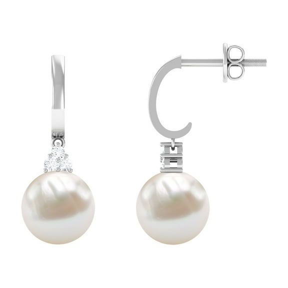 Rosec Jewels Freshwater Pearl Drop Earrings with Diamond, J Hoop Earrings (8 mm), 925 Sterling Silver