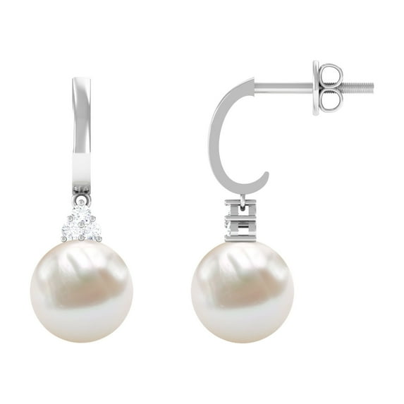 Rosec Jewels Freshwater Pearl Drop Earrings with Diamond, J Hoop Earrings (8 mm), 925 Sterling Silver