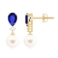 thumbnail image 1 of Rosec Jewels Freshwater Pearl Drop Earrings with Lab Grown Blue Sapphire and Moissanite, 10K Yellow Gold, 1 of 9
