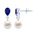 thumbnail image 1 of Rosec Jewels Freshwater Pearl Bridal Drop Earrings - AAA Quality - Pearl Sapphire Earrings with Diamond - with Jewelry Box, 14K White Gold, 1 of 5