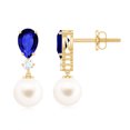 thumbnail image 1 of Rosec Jewels Freshwater Pearl Drop Earrings with Lab Grown Blue Sapphire and Moissanite, 18K Yellow Gold, 1 of 9