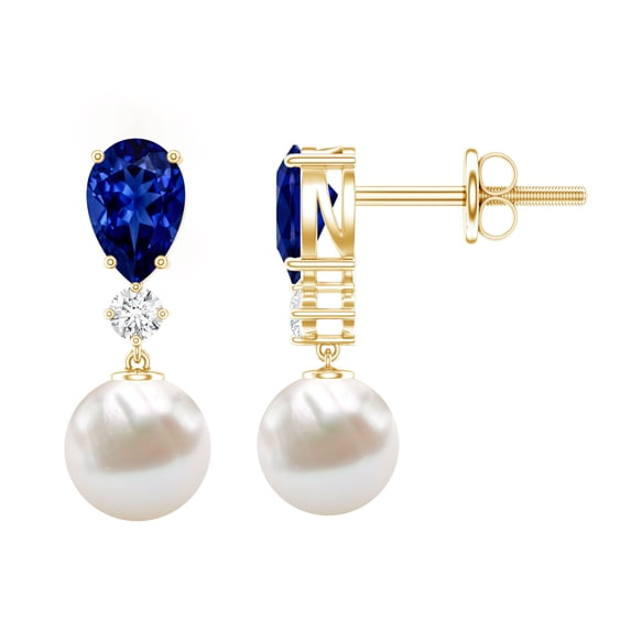 Rosec Jewels Freshwater Pearl Bridal Drop Earrings - AAA Quality - Pearl Sapphire Earrings with Diamond - with Jewelry Box, 18K Yellow Gold