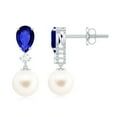thumbnail image 1 of Rosec Jewels Freshwater Pearl Drop Earrings with Lab Grown Blue Sapphire and Moissanite, 925 Sterling Silver, 1 of 9