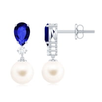 Rosec Jewels Freshwater Pearl Drop Earrings with Lab Grown Blue Sapphire and Moissanite, 925 Sterling Silver