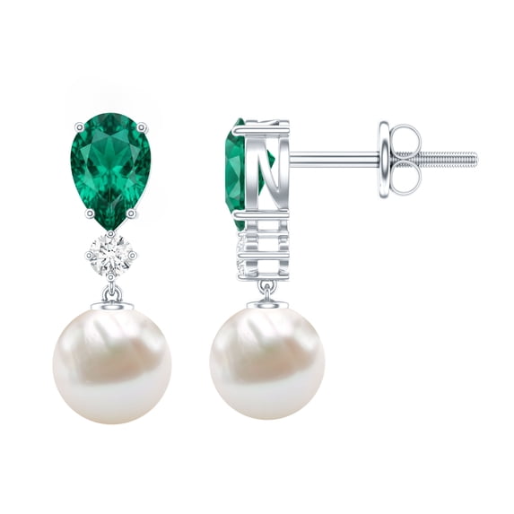Rosec Jewels Freshwater Pearl Drop Earrings with Lab Grown Emerald and Diamond - AAA Grade, 14K White Gold
