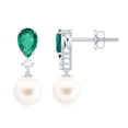 thumbnail image 1 of Rosec Jewels Freshwater Pearl Drop Earrings with Lab Grown Emerald and Diamond - AAA Grade, 925 Sterling Silver, 1 of 7
