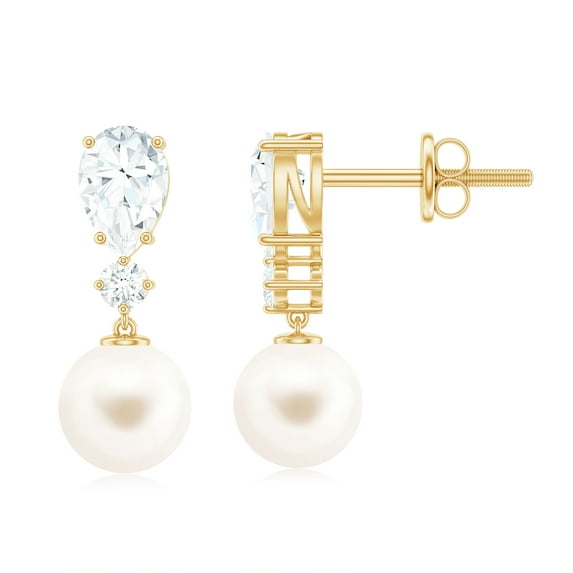 Rosec Jewels Freshwater Pearl Drop Earrings with Moissanite for Women - AAA Quality, 14K Yellow Gold
