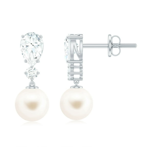 Rosec Jewels Freshwater Pearl Drop Earrings with Moissanite for Women - AAA Quality, 925 Sterling Silver