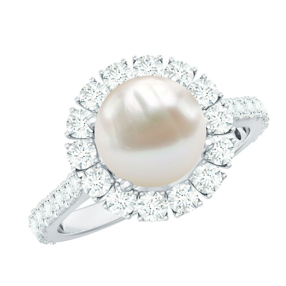 Rosec Jewels Freshwater Pearl Ring with Moissanite Halo for Women - 8 MM - AAA Quality, 14K White Gold, US 10.00