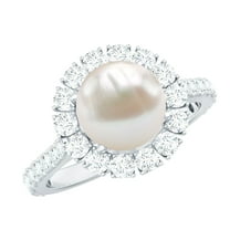 Rosec Jewels Freshwater Pearl Ring with Moissanite Halo for Women - 8 MM - AAA Quality, 925 Sterling Silver, US 4.00