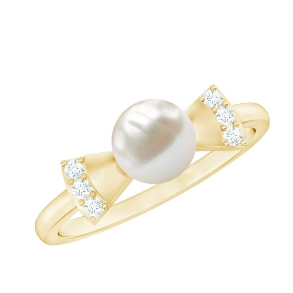Rosec Jewels Freshwater Pearl Solitaire Ring with Diamond, Cute Bow Tie Ring - 6 mm, 10K Yellow Gold, US 5.50